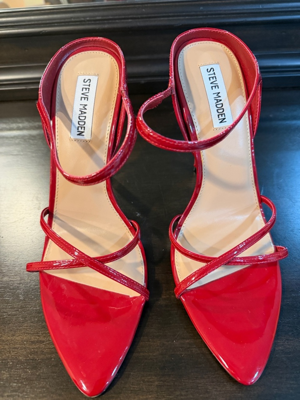 Steve Madden Red Patent Strappy Pointed-Toe Heels with Ankle Strap